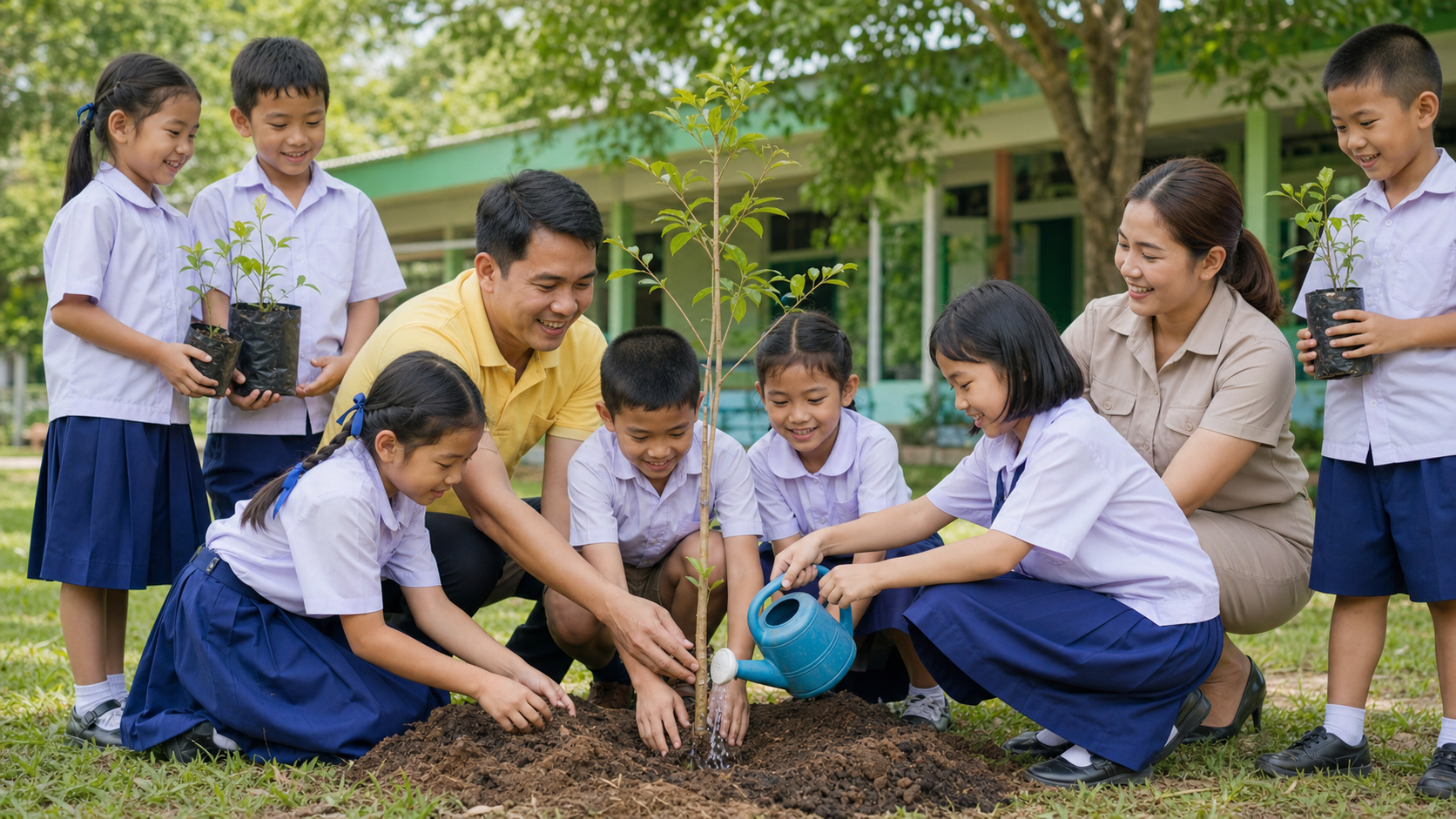 นักเรียนและครูร่วมกันปลูกและรดน้ำต้นไม้ภายในบริเวณโรงเรียน