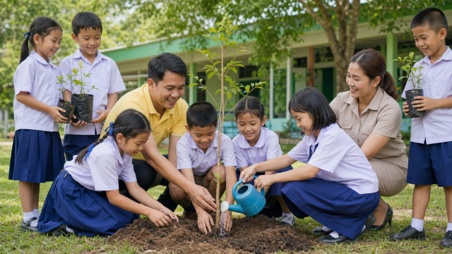 นักเรียนและครูร่วมกันปลูกและรดน้ำต้นไม้ภายในบริเวณโรงเรียน